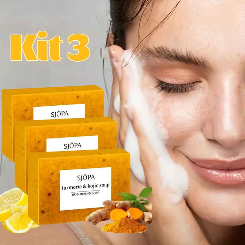 Sabonete branqueador de cúrcuma - conjunto de 3 peças - limpeza profunda facial e corporal - rápido e eficaz!
