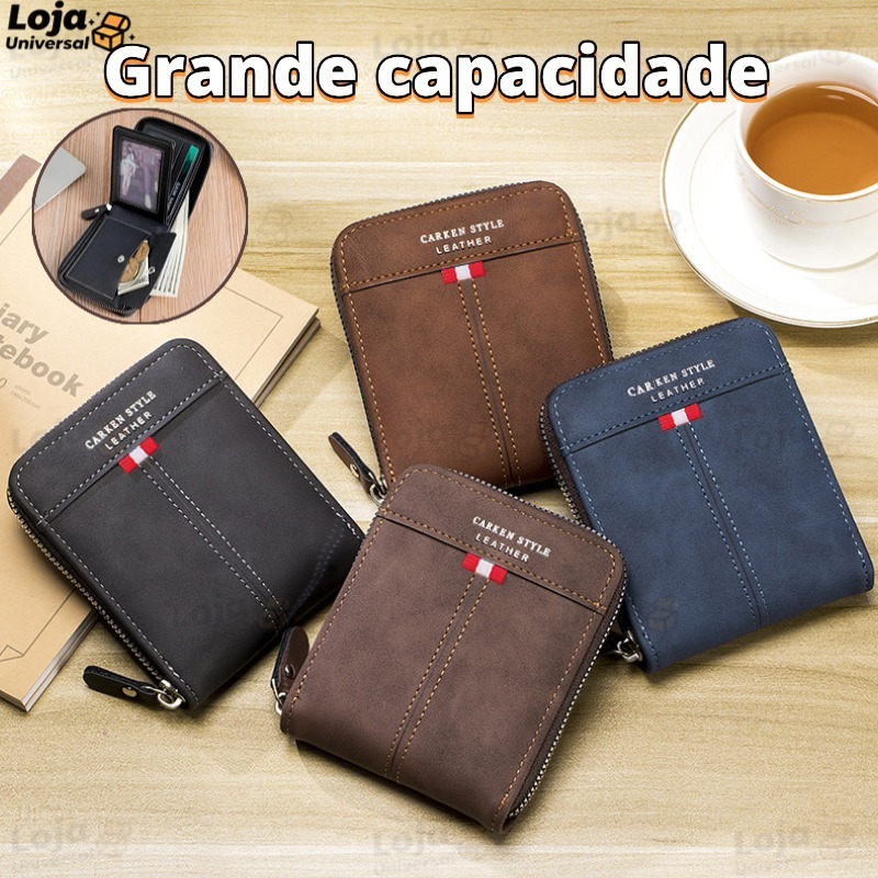 Homens Novo Estilo Carteira de Couro com Zíper Carteira Curta Multifuncional Porta-Carteiras Multifuncionais Porta-Cartõ
