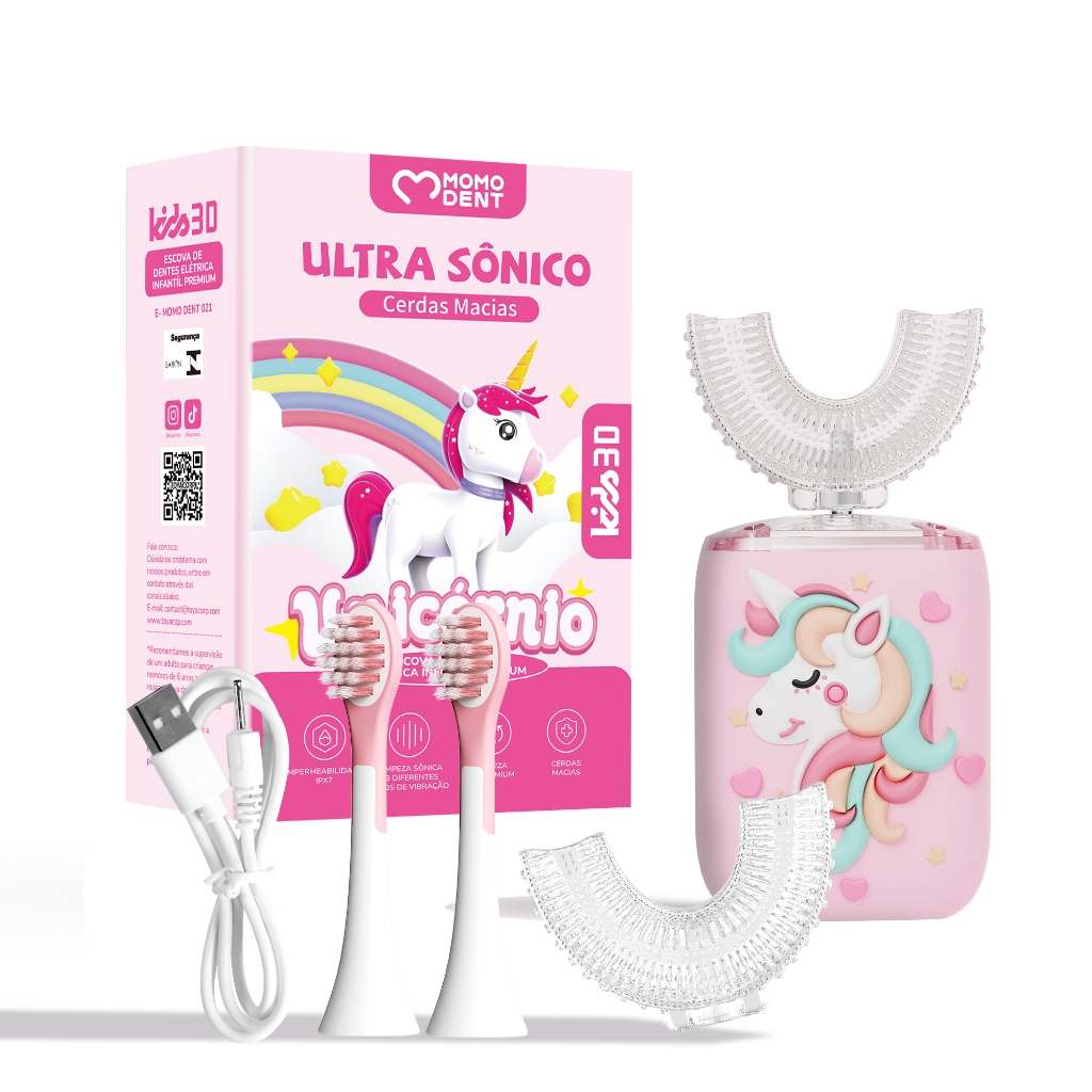 MOMODENT Escova de Dente Elétrica Infantil em Formato U – 5 Modos, 4 Cabeças, Dino 360°, IPX7