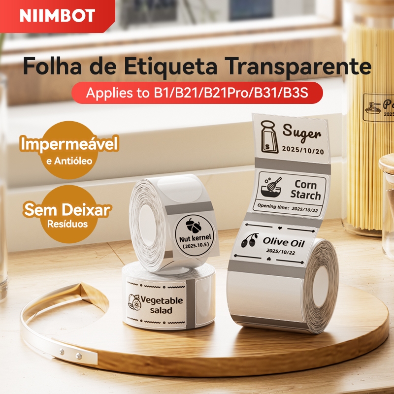 NIIMBOT B21/B1/B3S/B31/B21Pro Papel Transparente para Impressão de Etiquetas, Etiqueta de Nome, Térmica e à Prova d'Água