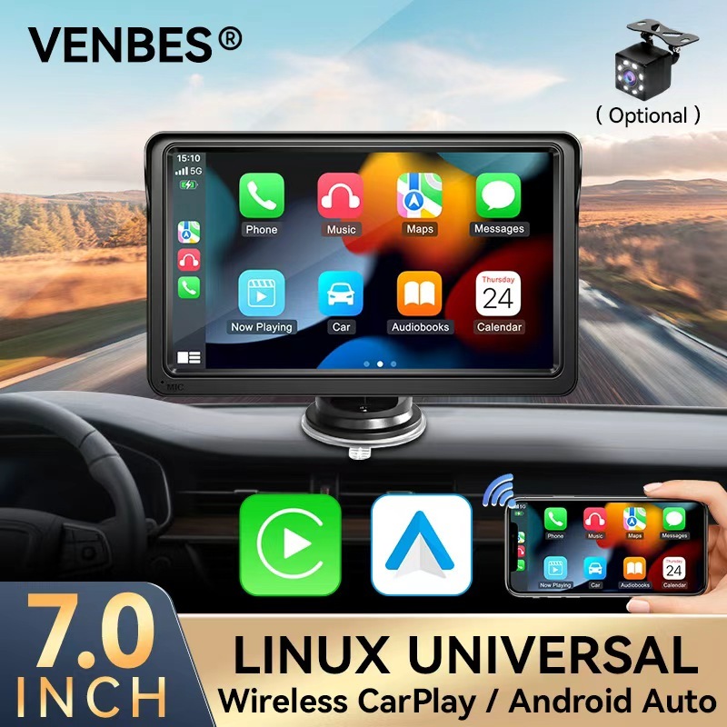 VENBES CarPlay Android Auto Car Multimídia Rádio 7" Tela Sensível ao Toque USB/TF/AUX Câmera de Ré