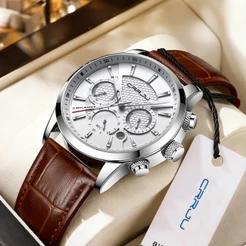 CRRJU Relógio Masculino Luxuosa Multifuncional Negócios Analógico Quartzo Couro Impermeável 2212 X