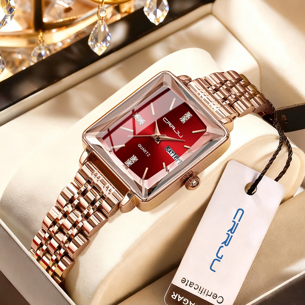 CRRJU Relógio feminino de luxo quadrado de aço inoxidável de quartzo à prova d'água 5012 X em Oferta na Shopee
