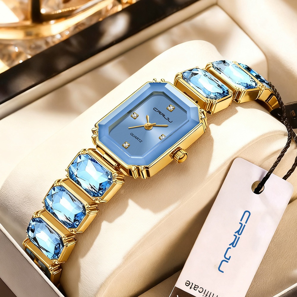 CRRJU Relógio Feminino Luxuoso Quadrado Com Pulseira De Safira Retrô Fashion De Quartzo 5050 X