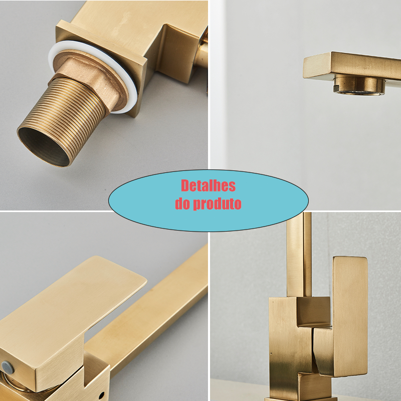 Torneira De Cozinha Quadrada Ouro Escovado Quente E Frio Rotação De 360 Graus Misturador Deck Montado Água