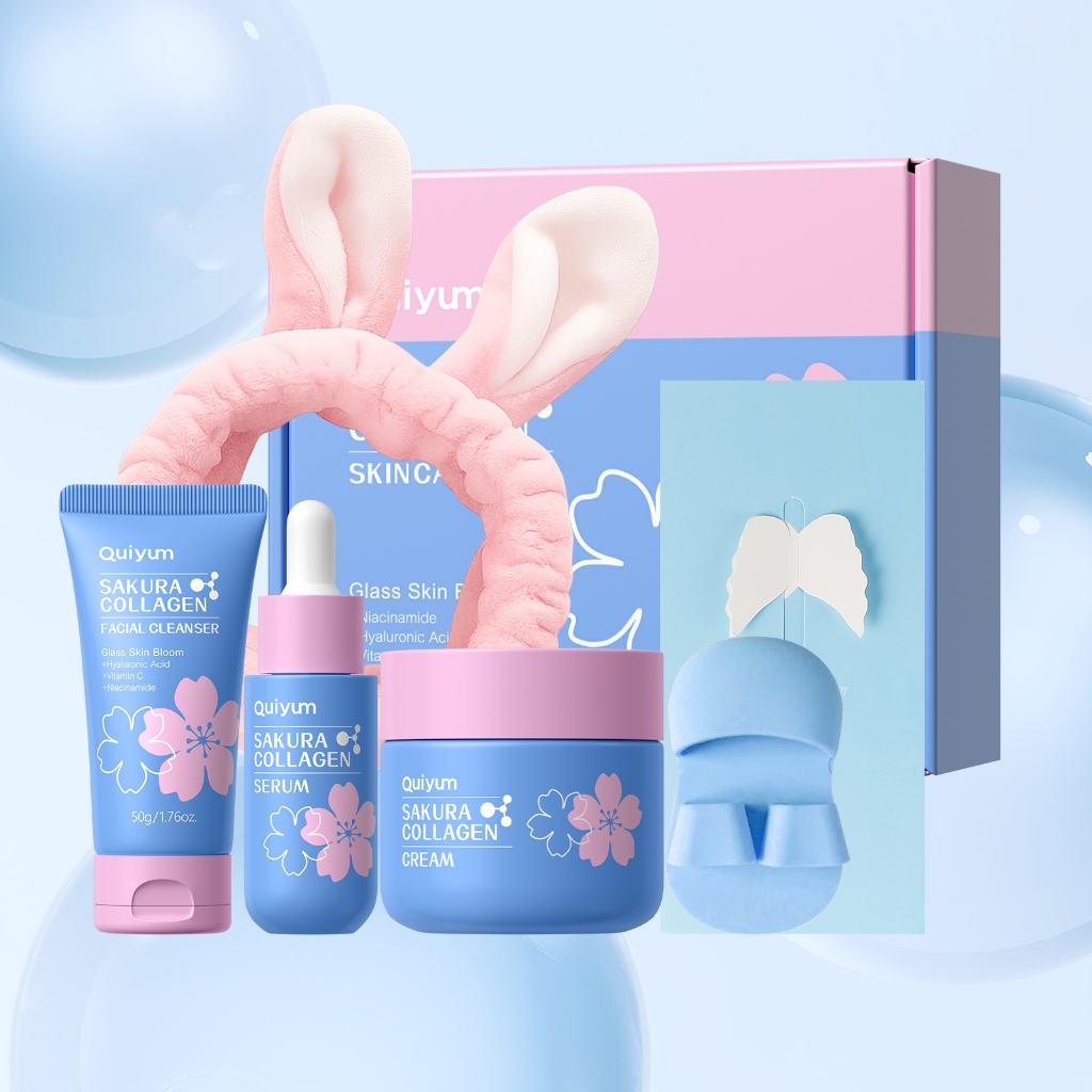 Kit Completo De Cuidados Com A Pele QUIYUM Sakura Collagen : Para De Vidro Orvalhado , Umidade E Brilho , Presentes Femi
