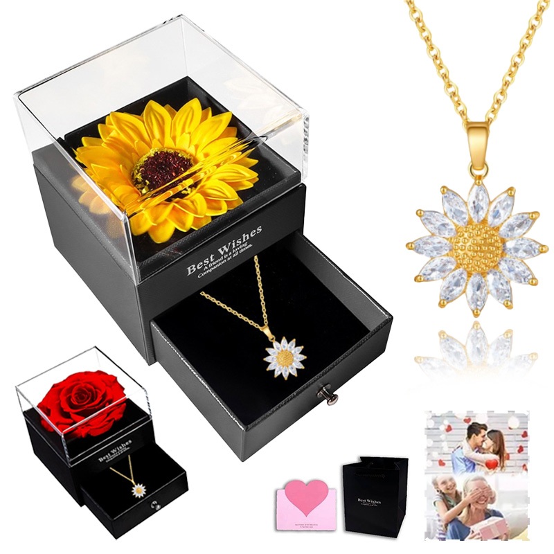 Colar De Girassol Em Ouro Com Flor Da Eternidade Caixa De Couro E Caixa De Presente De Couro em Oferta na Shopee