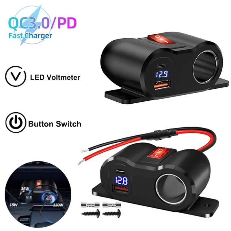 120W Duplo PD QC3.0 Tomada USB Divisor De Isqueiro Com Voltímetro LED 12V Carregador De Carro Adaptador De Energia Para 