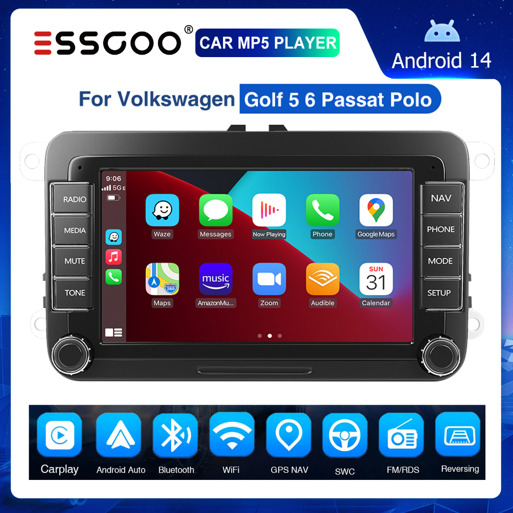 ESSGOO Tela de 7" 4+64GB Android 14 MP5 Player Automotivo com Carplay Rádio Estéreo para VW Volkswagen GOLF PASSAT POLO
