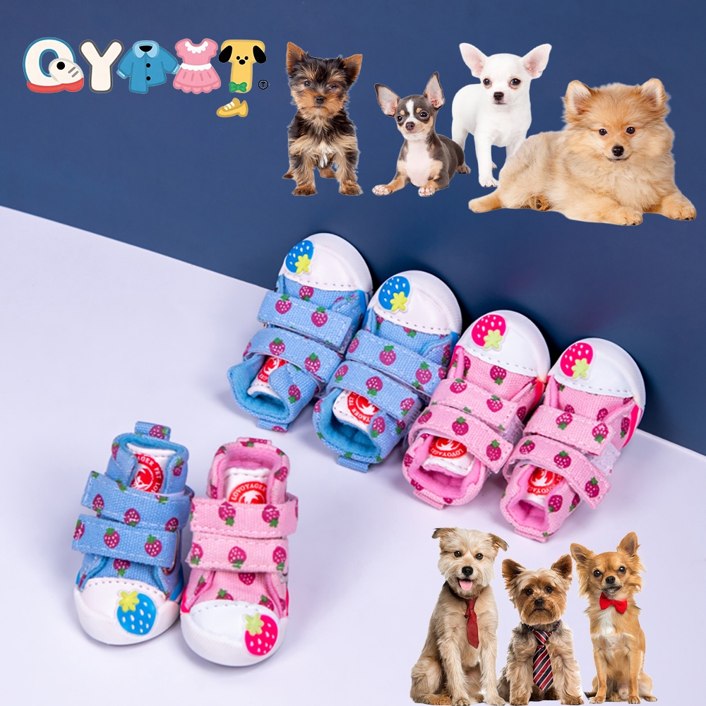 QYPET 4 Pçs/Lote Pet Morango Sapatos De Lona Gatos Cães Confortáveis Respiráveis Antiderrapantes Bonito Padrão De Protet em Oferta na Shopee