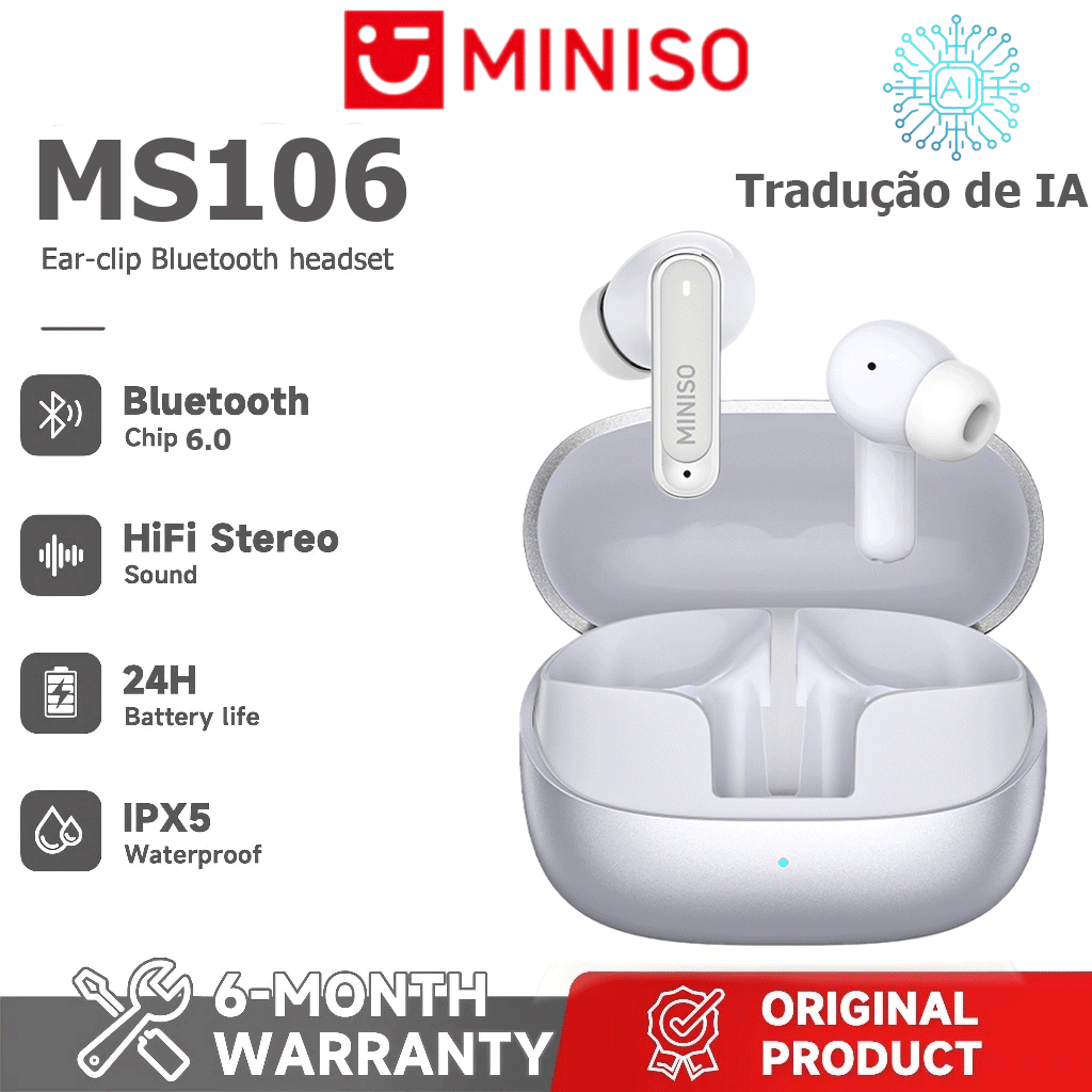 MINISO MS106 Fone de ouvido para tradução de idiomas AI Fone de ouvido Bluetooth sem fio OWS Suporta 135 Fones de ouvido