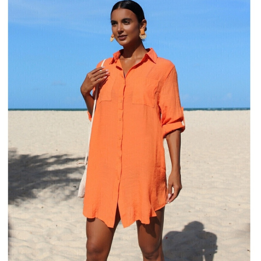 Camisa feminina básica, saída de praia para biquíni, camisa estilo coreano com abotoaduras...