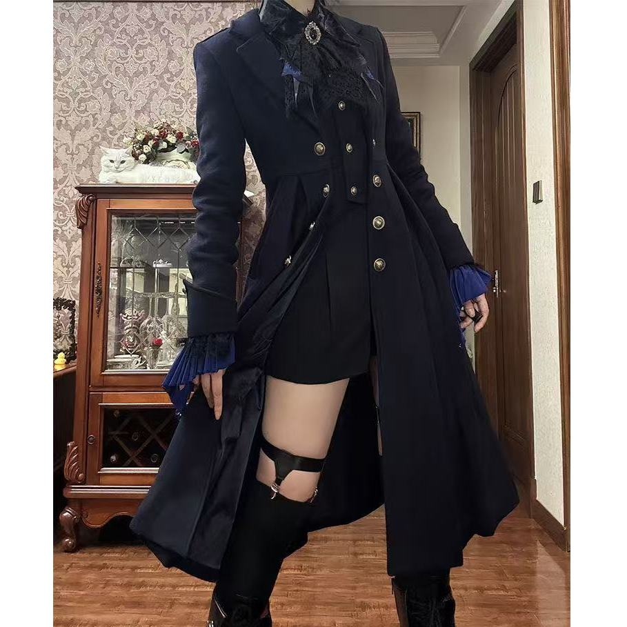 Japonês Batwing Blusão Casaco Longo Bainha Grande Retro Escuro Gótico Lolita Príncipe Roupa Duplo Breasted Cintura Cinch
