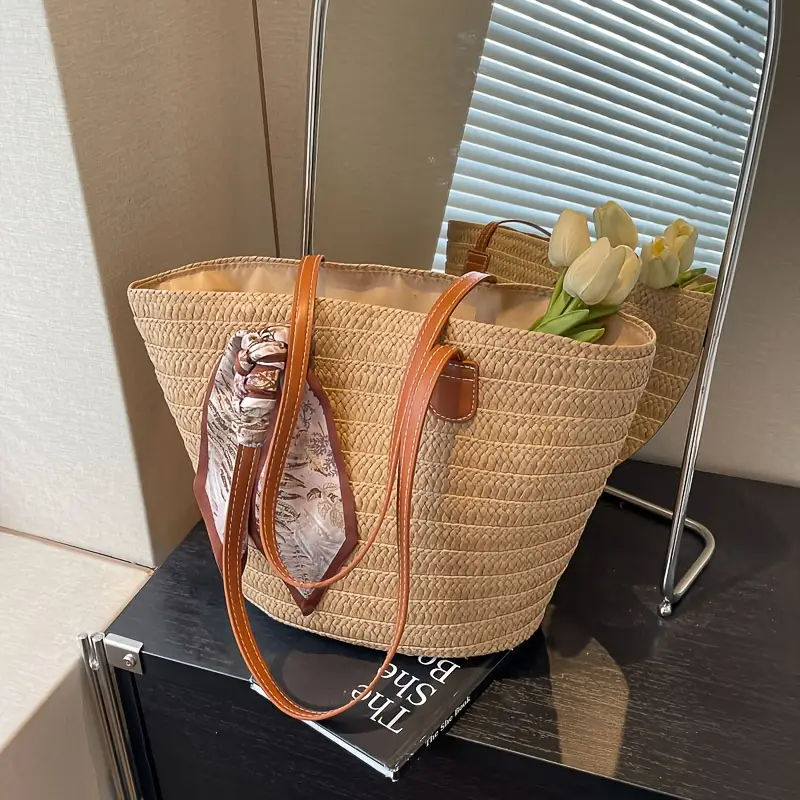 Bolsa de palha de grande capacidade para férias casuais praia portátil nova moda bolsa de ombro tecida em Oferta na Shopee