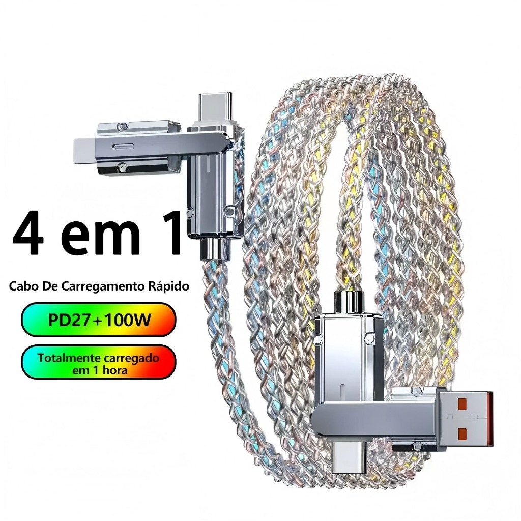 Cabo De Carregamento 4 Em 1 Para iPhone/Android | Velocidade Rápida Com Streamer Colorido (USB-A , Tipo C , Relâmpago) em Oferta na Shopee