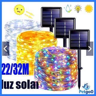 Luzes de Cordão LED Solar 22m/32m à Prova d'Água para Exterior, 8 Modos, Decoração de Natal e Árvores
