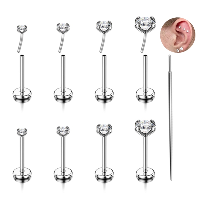 Kit 4 Piercing Labret Push Pin Zircônia Helix Tragus Conch Helix Nariz Orelha Hipoalergênica