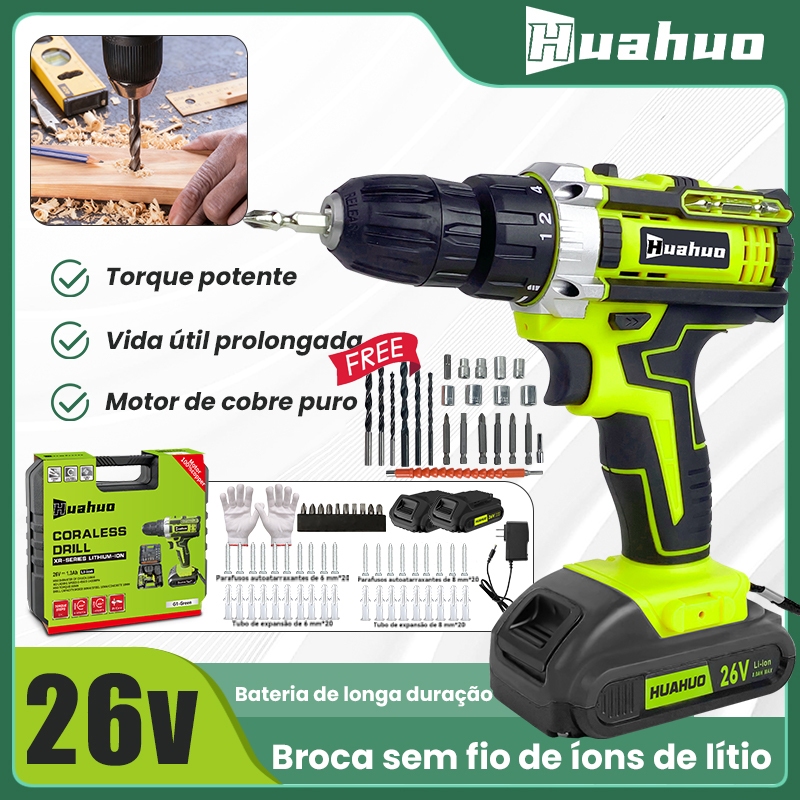 Parafusadeira Parafusadeira 26V 2 Baterias Parafusadeira A Bateria Furadeira Gratuito Acessórios Para Ferramentas