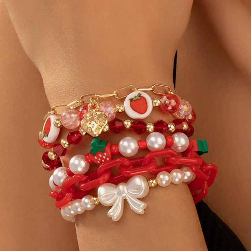 Moda 6 Peças De Cerâmica Macia Vermelha Morango Pérola E Arco Pulseira Feminina Joias Acessórios Para Presente De Feriad