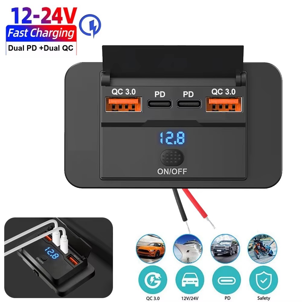 Novo Painel De Tomada Para Carregador De Carro , 4 Portas , 12V/24V , RV , USB Dupla QC3.0 PD , Acessórios De Carregamen