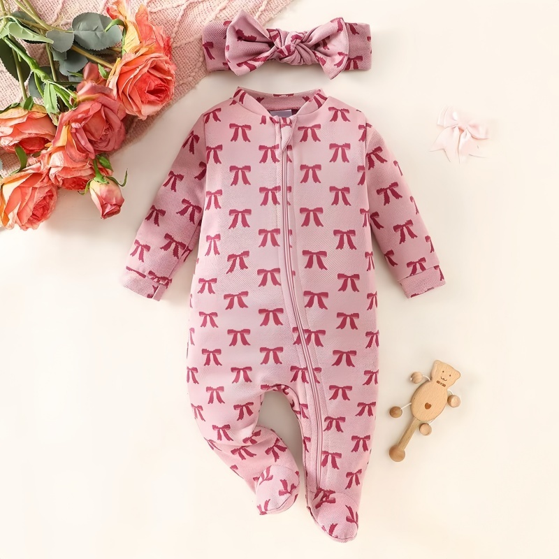 Lucky baby Macacão de manga comprida para bebês meninas, conjunto de 2 peças, pijama para meninas, laço, lenço