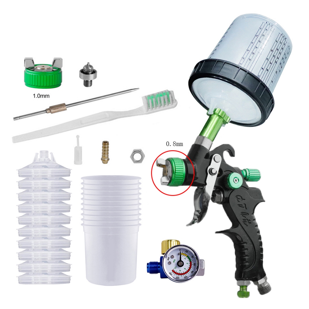Conjunto De Pistola Pneumática De 0.8/1.0 Mm + 10 Conjuntos De Chaleira Sem Lavagem , Incluindo Manômetro Para Pintura E
