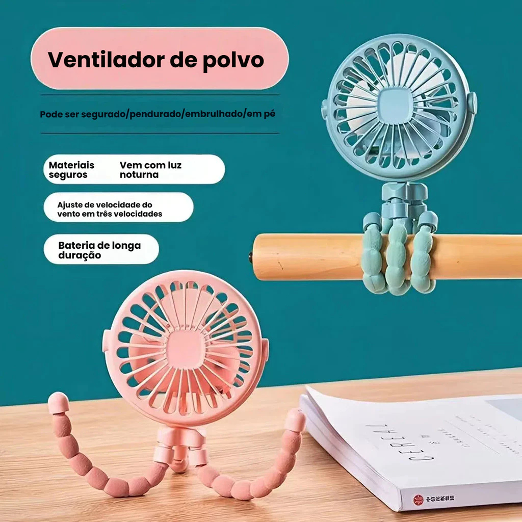 Mini Ventilador USB para Carrinho de Bebê – Portátil, Recarregável, Silencioso, com Suporte Flexível