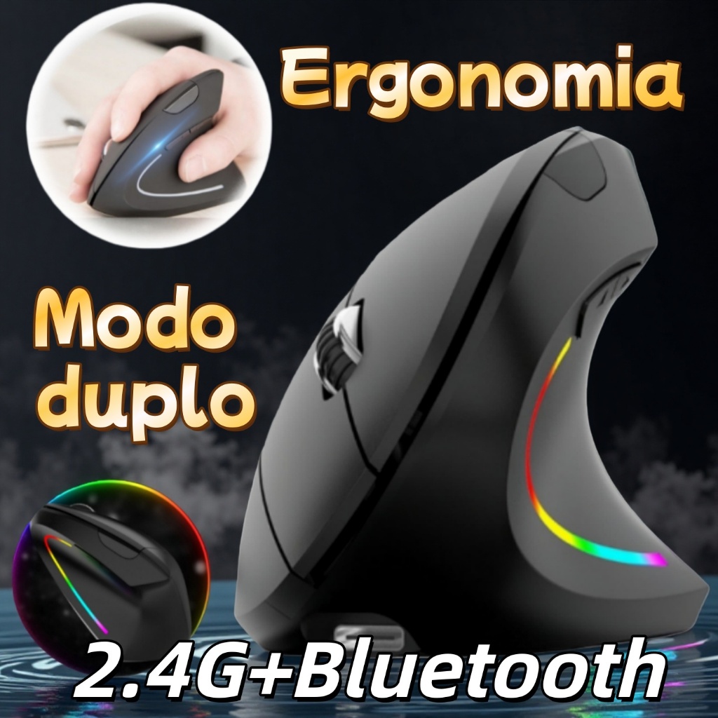 Mouse Sem Fio Vertical De Modo Duplo 2.4G E Bluetooth Com Design Ergonômico Recarregável wt