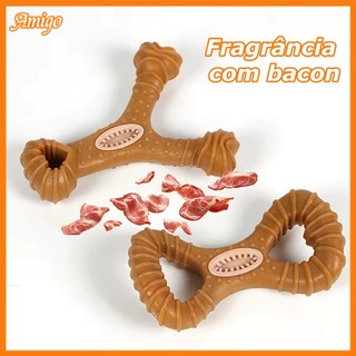 Brinquedo Interativo Osso Mordedor Cachorro Sabor Bacon Maciço E Resistente De Fibra De T…