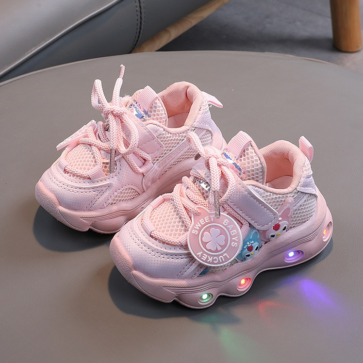 Tênis infantil menina Desenho animado fofo Tênis corrida Casual brilhante Tênis com luz LED Leve macio sapatos princesa