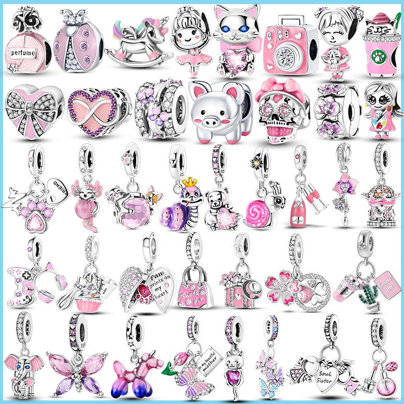 Cor Rosa Série Encantos Contas 925 Prata Bonito Menina Balançar Flor Coração Forma Pingente Ajuste Pulseira Colar Jóias em Oferta na Shopee