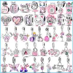 Cor Rosa Série Encantos Contas 925 Prata Bonito Menina Balançar Flor Coração Forma Pingente Ajuste Pulseira Colar Jóias