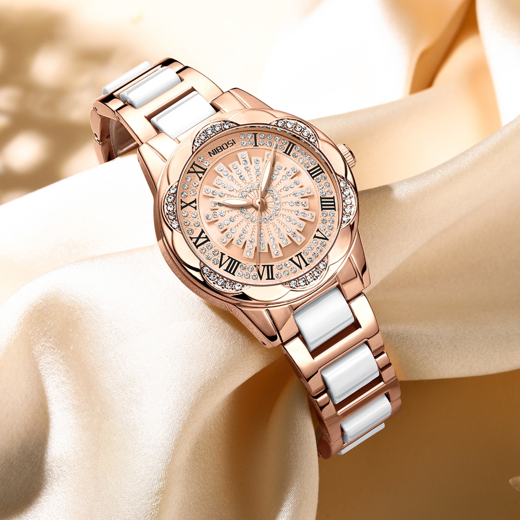 NIBOSI Relógio feminino de luxo com decoração de strass 360°Relógio giratório de quartzo à prova d'água