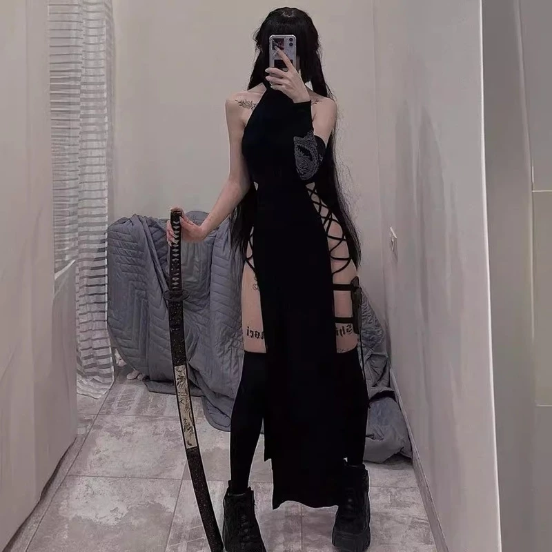 Vestido Gótico Escuro Com Fenda Alta Sexy Tiras E Comprimento Médio , Novo Xadrez Preto — imagem 1