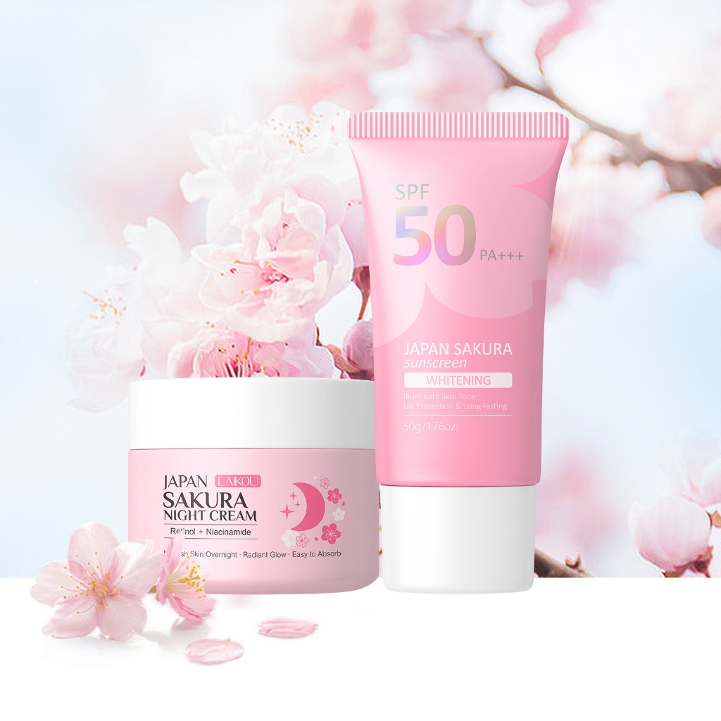 LAIKOU Japão Sakura Radiance Glow Duo : Protetor Solar Iluminador + Creme Noturn