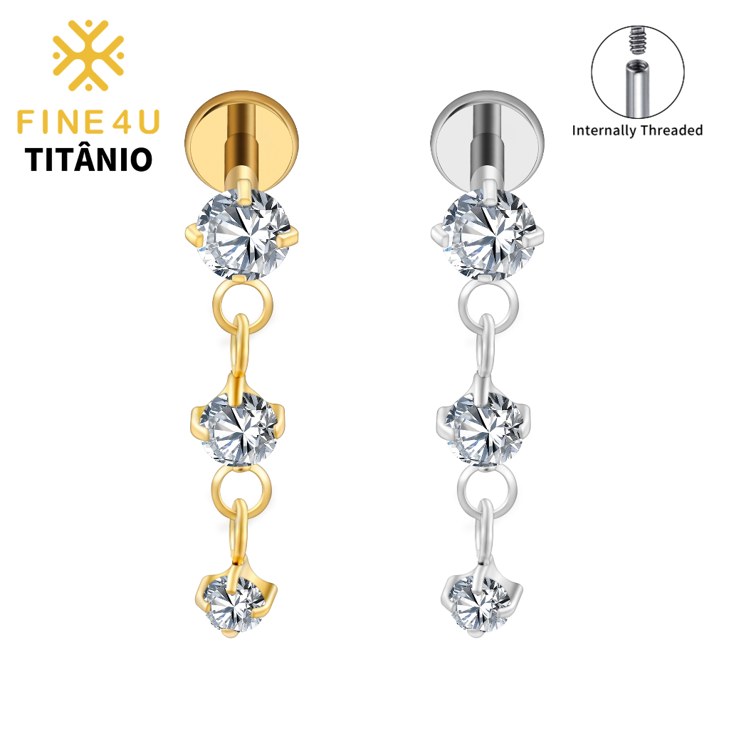 FINE4U Piercing Corrente Tripla com Pingente 100% Titânio Lóbulo Brinco Tragus Helix Cartilagem