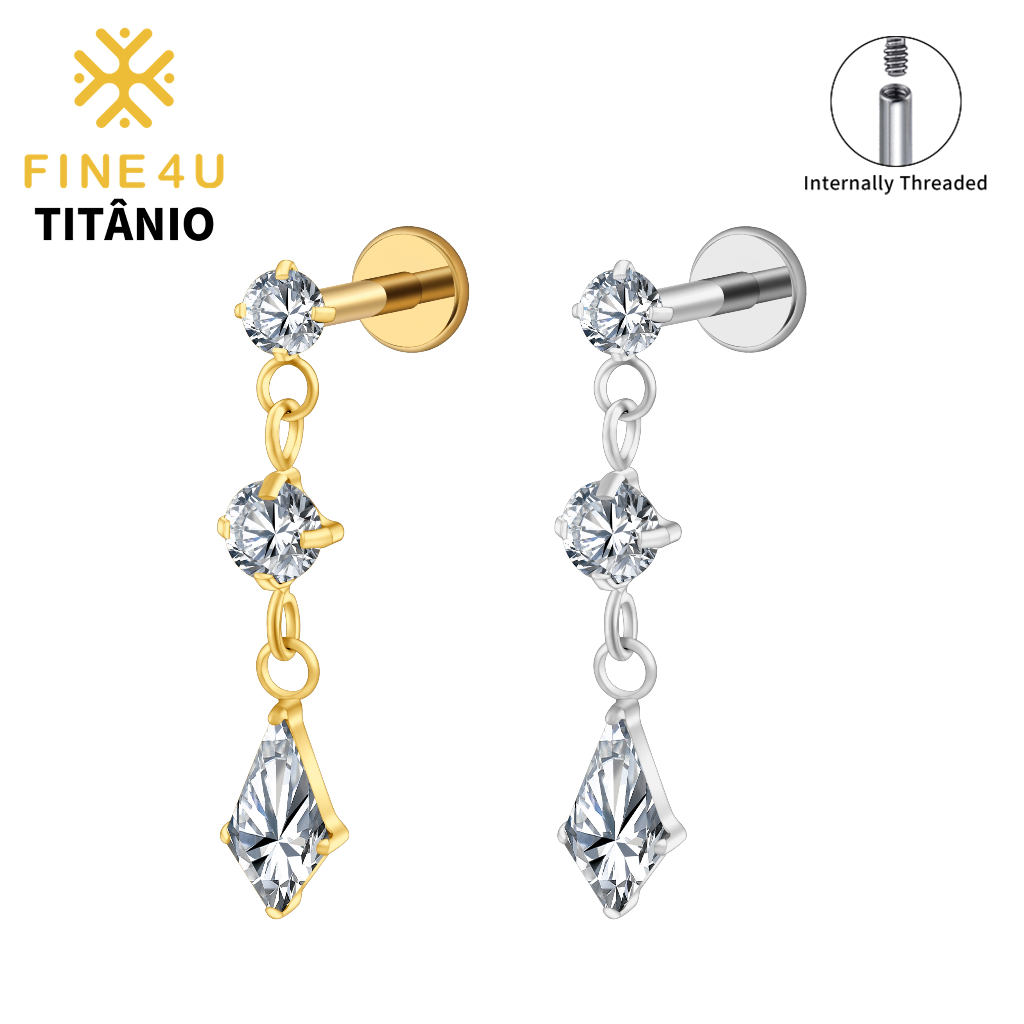 FINE4U Piercing Tripla CZ com Pingente de Pipa 100% Titânio Lóbulo Brinco Tragus Helix Cartilagem