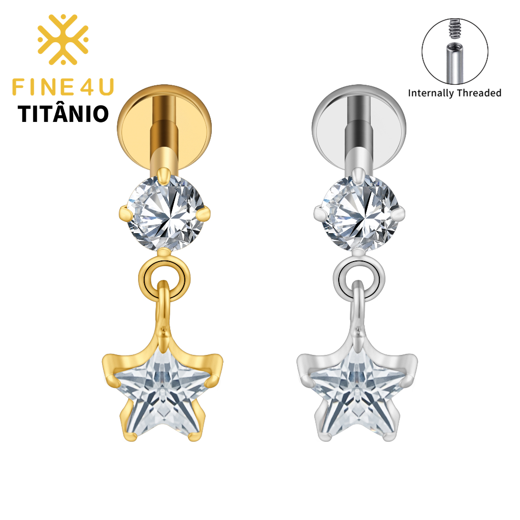 FINE4U Piercing Corrente com Pingente de Estrela 100% Titânio Lóbulo Brinco Tragus Helix Cartilagem