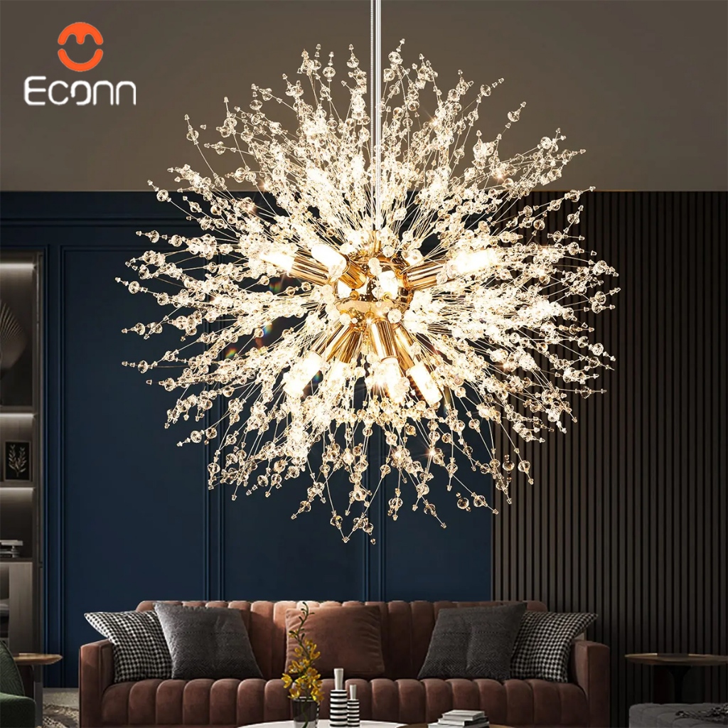 Moderno G9 cristal dente-de-leão lustre teto dourado fogos de artifício candelabro Luz de 3 cores sala quarto bar