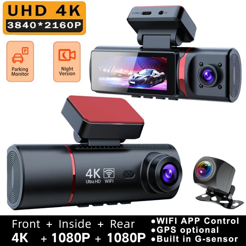 Carro De 3 Canais DVR HD 4k + 1080P + 1080P 3 Lentes Frontal Interna Traseira Wifi Dash Cam Câmera De