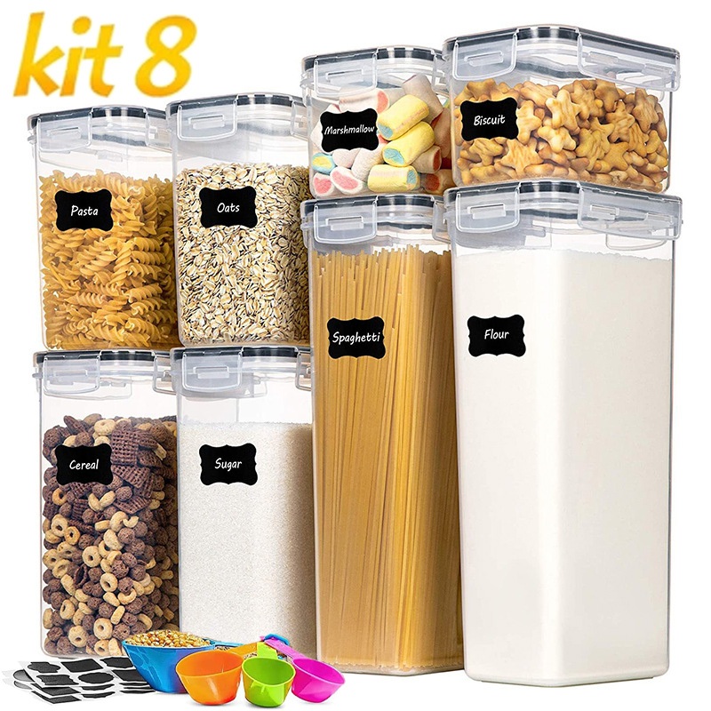 Kit 8 Conjunto de Potes Herméticos em Acrílico Cristal com Trava e Design Empilhável - Organizador para Mantimentos