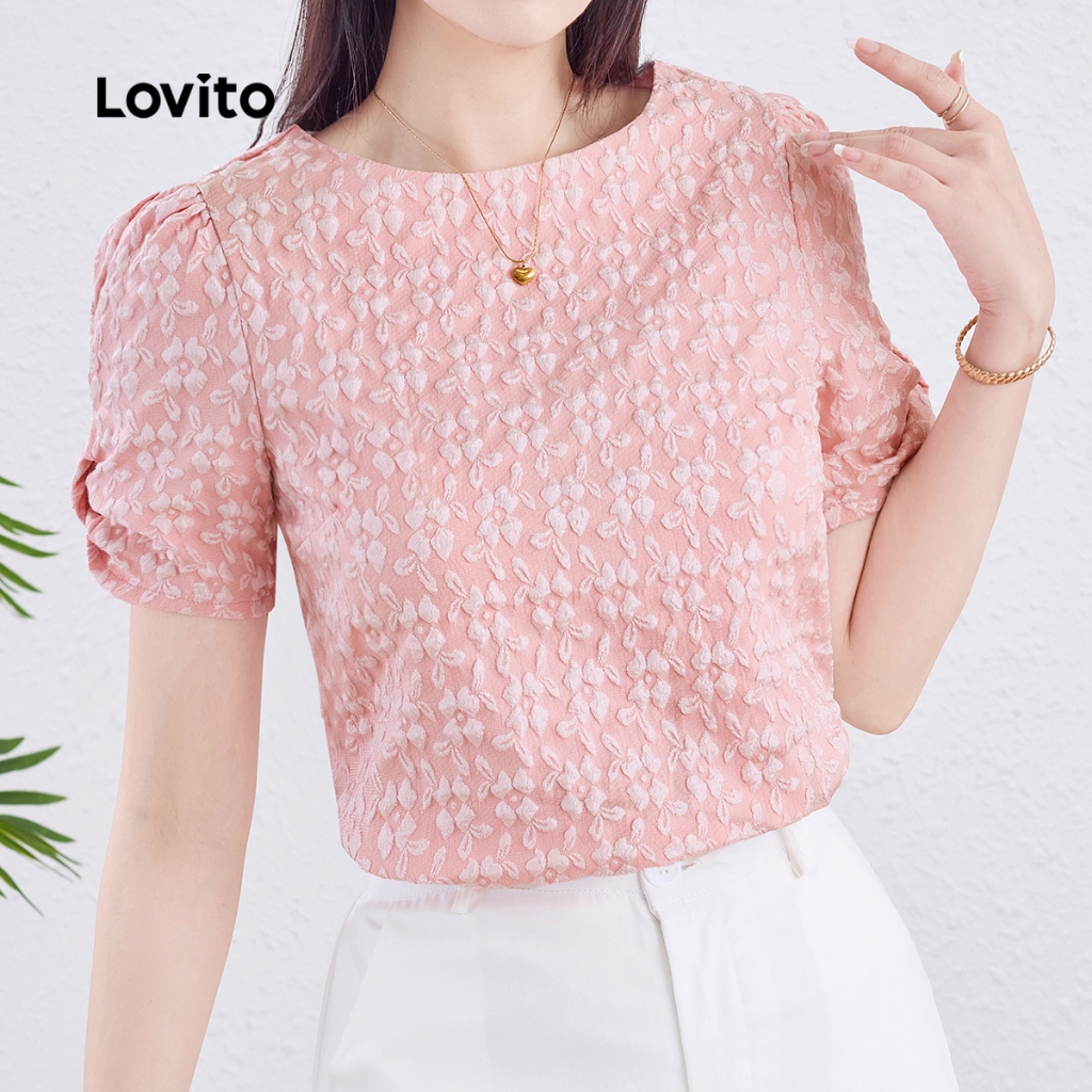 Detalhes do Lovito Blusa Feminina Rosa Com Laço Plissado Primavera Verão Elegante L138AD919