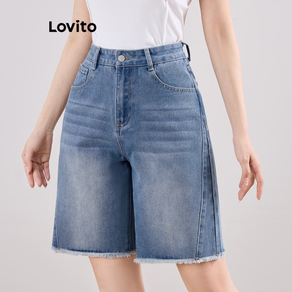 Lovito Shorts Jeans Casuais Com Bainha Crua, Shorts Jeans De Verão/Primavera Para Mulheres L113MD315 em Oferta na Shopee