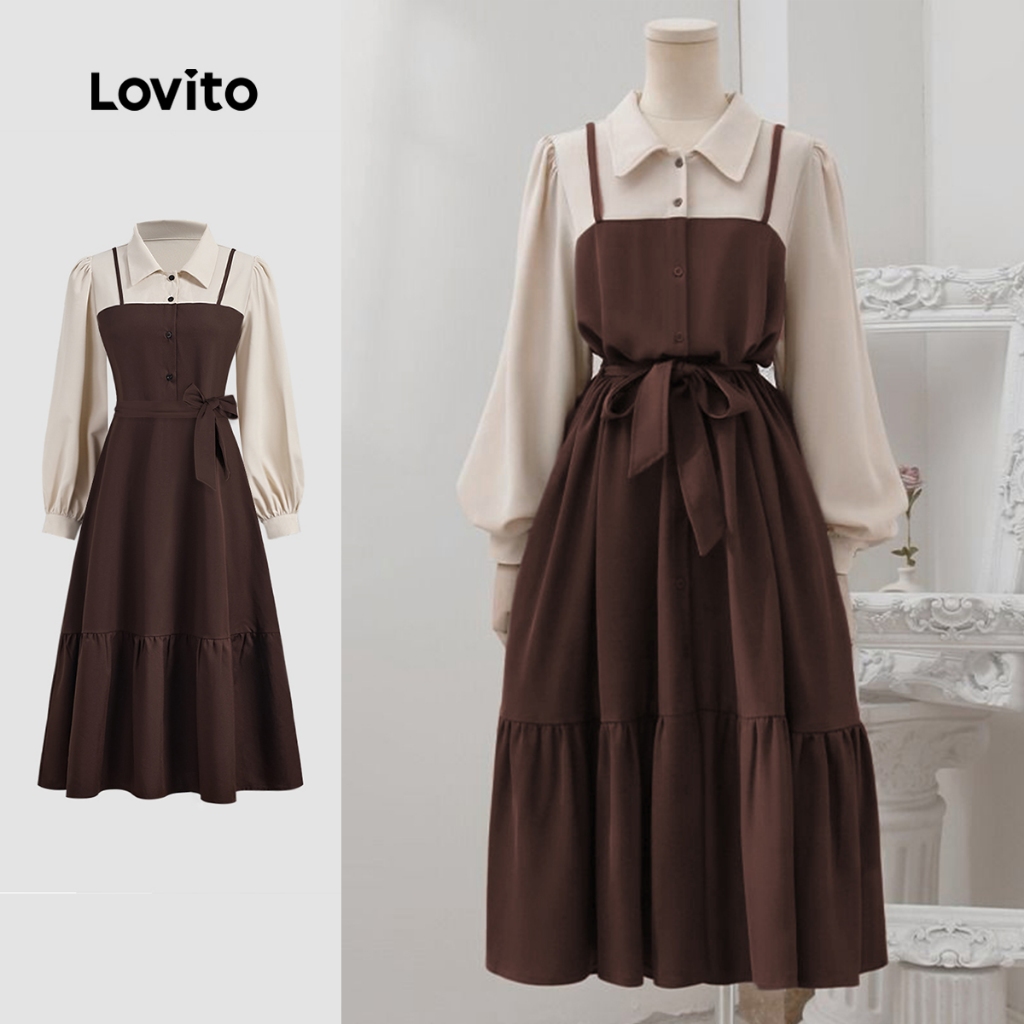 Lovito Vestido Casual Feminino Tecido Liso Costura Botão Frontal Outono Inverno LBL24599 em Oferta na Shopee