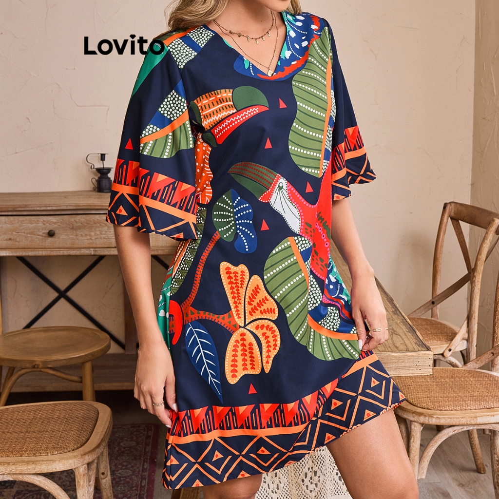 Lovito Vestido Casual Tropical Com Amarração Nas Costas, Verão/Primavera, Vestido Com Cinto Para Mulheres LBL17238 em Oferta na Shopee