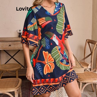 Lovito Vestido Casual Tropical Com Amarração Nas Costas Verão/Primavera Vestido Com Cinto Boho Para Mulheres LBL17238