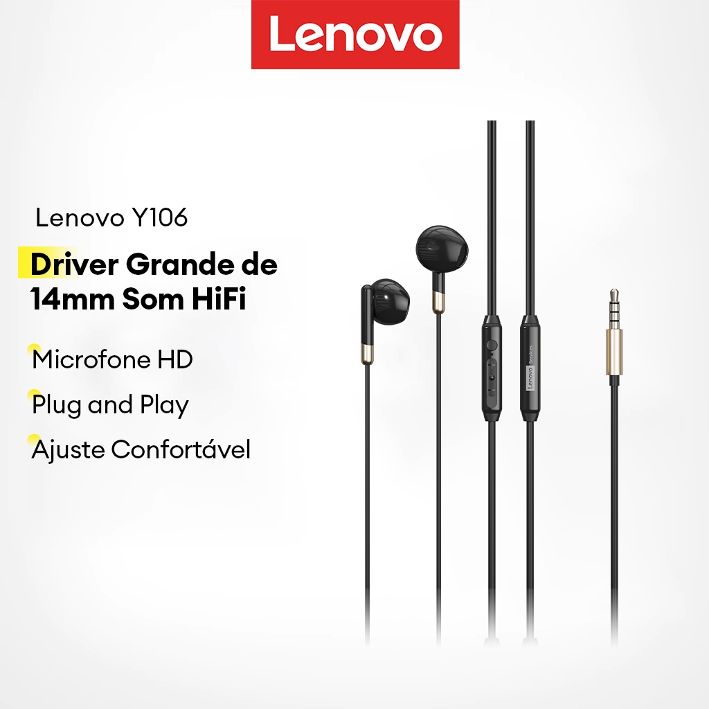 Fones De Ouvido Com Fio Lenovo Y106 E Y106PRO Som HiFi Microfone HD Mais Driver Grande De 14 Mm em Oferta na Shopee