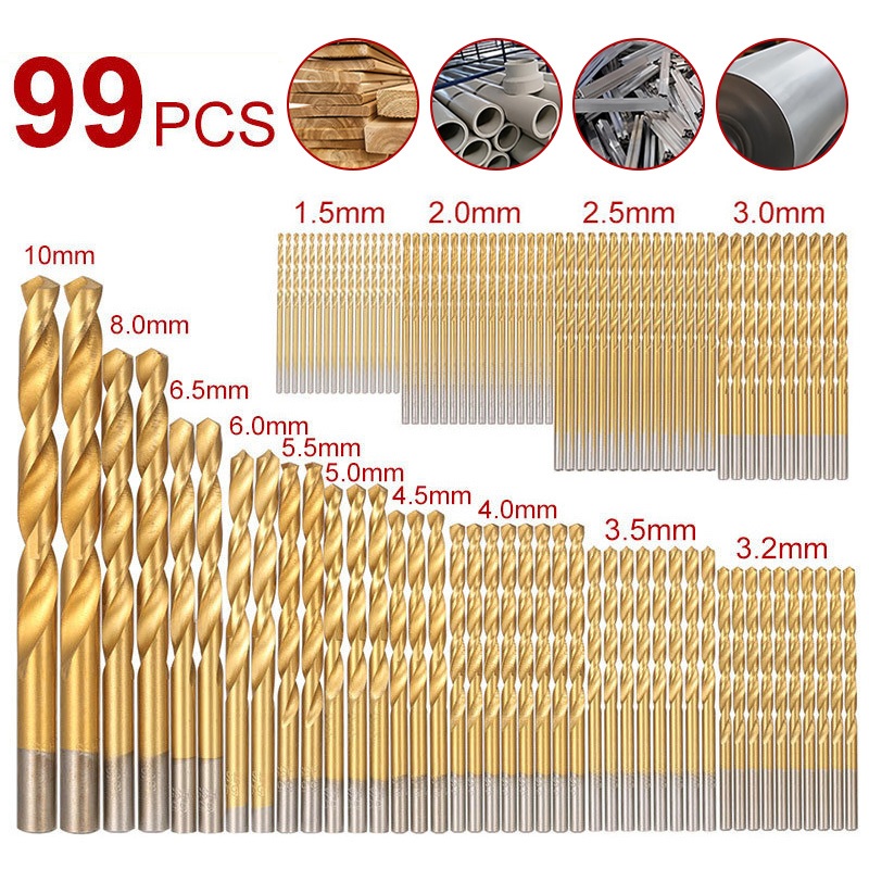 Jogo de brocas 99 unidades titânio Forte e durável para liga de alumínio, cobre,  plástico madeira em Oferta na Shopee
