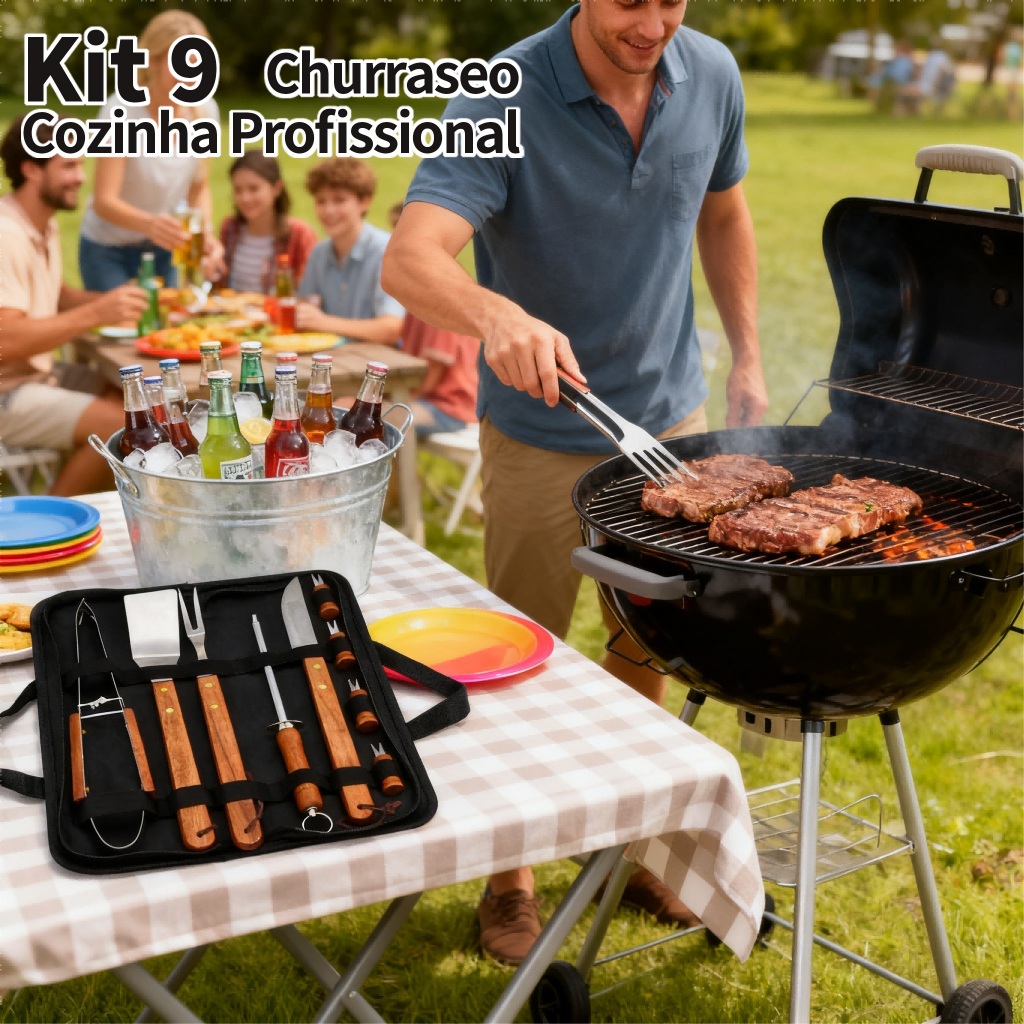 Kit 9 Peças Churrasco Completo Inox Profissional Chef Gourmet Jogo De Facas E Utensílios Presente Para Homem E Pai
