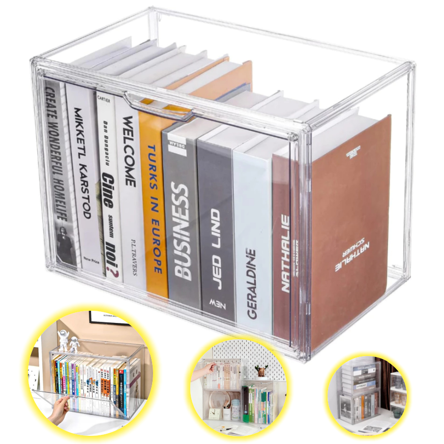 Caixa Organizadora de Livros Acrílico Grande Capacidade Transparente com Tampa Exibição Proteção Contra Poei